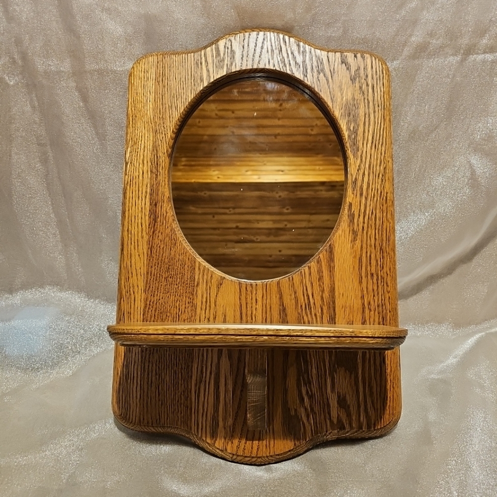 Vintage Hand Madw Elegant Oak Wall Mirror with Shelf